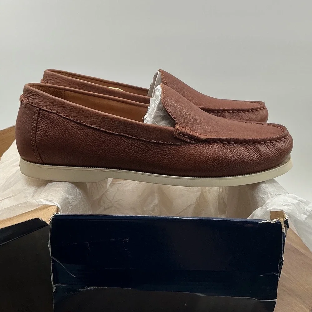 Polo Ralph Lauren Mens Pebbled Leather Loafers Tan Brown Moc Toe Slip On Shoes‎